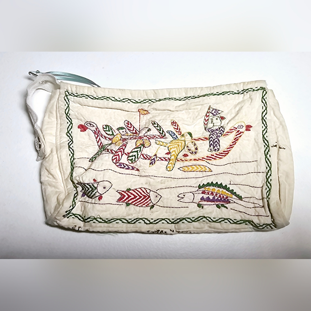Indian 19th century vintage fisher canoe embroidered pouch purse, art, antique